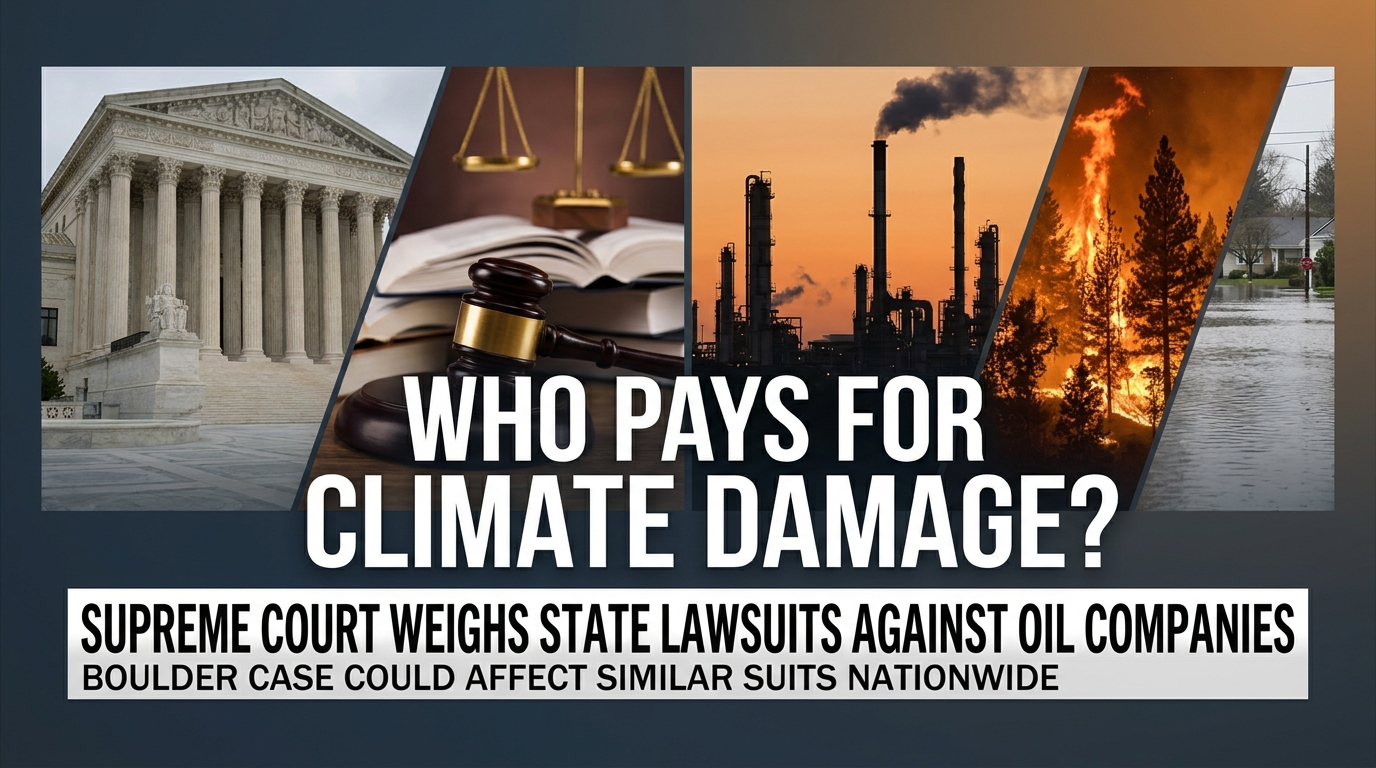 Symbolic editorial artwork combining courthouse columns and an industrial landscape to represent climate litigation.