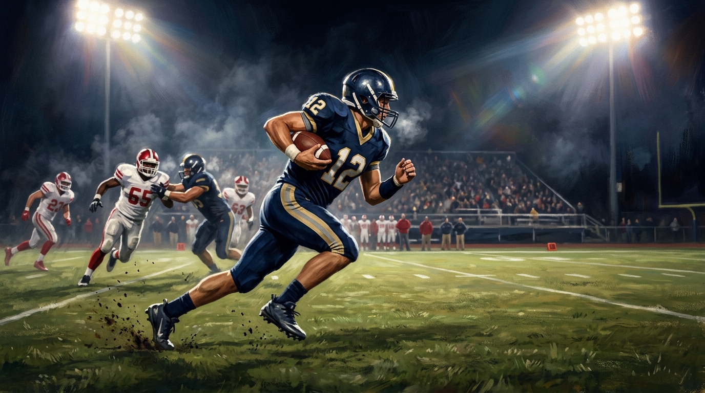 Editorial illustration of a high school quarterback running into open space under stadium lights, representing Oakdale’s offensive performance.