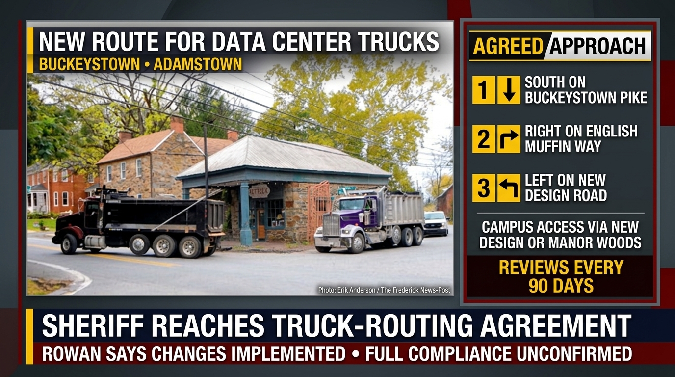 Photo illustration of a construction truck at a rural intersection representing data center traffic concerns.