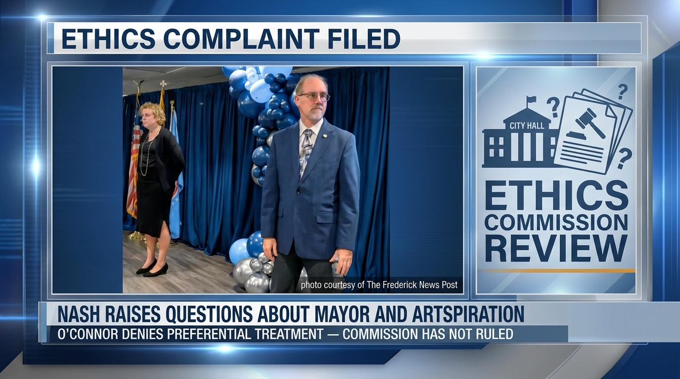 Editorial artwork representing a Frederick ethics complaint involving City Hall.