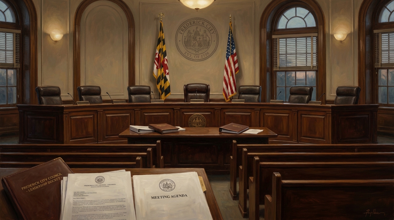 Editorial artwork showing the Frederick City Council chamber during a leadership dispute.