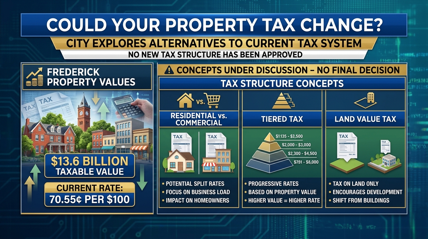 Editorial artwork of model homes, land bases and a calculator representing Frederick’s property-tax options.
