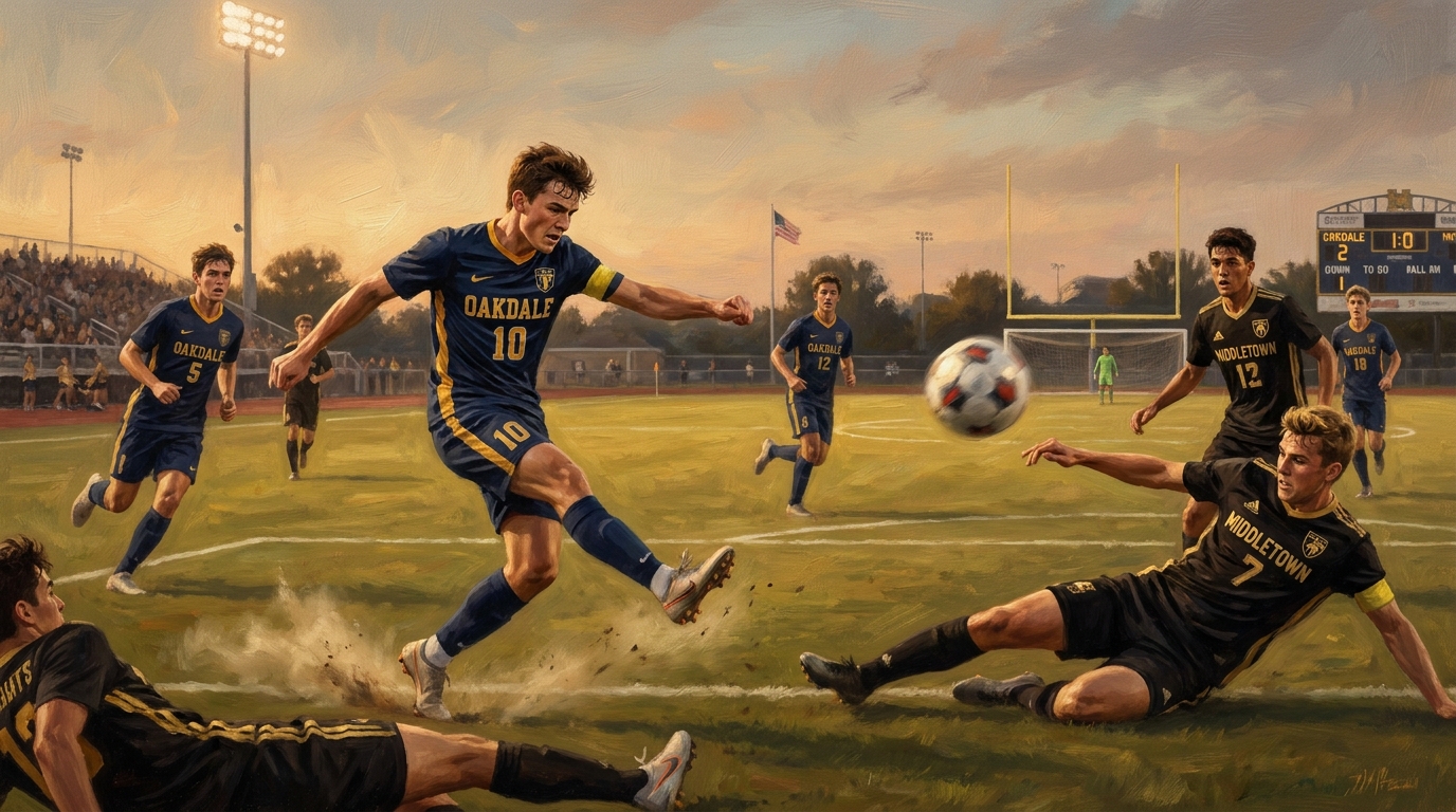 Painted sports artwork showing Oakdale’s Seamus Myles, number 10, striking the ball through traffic against Middletown.