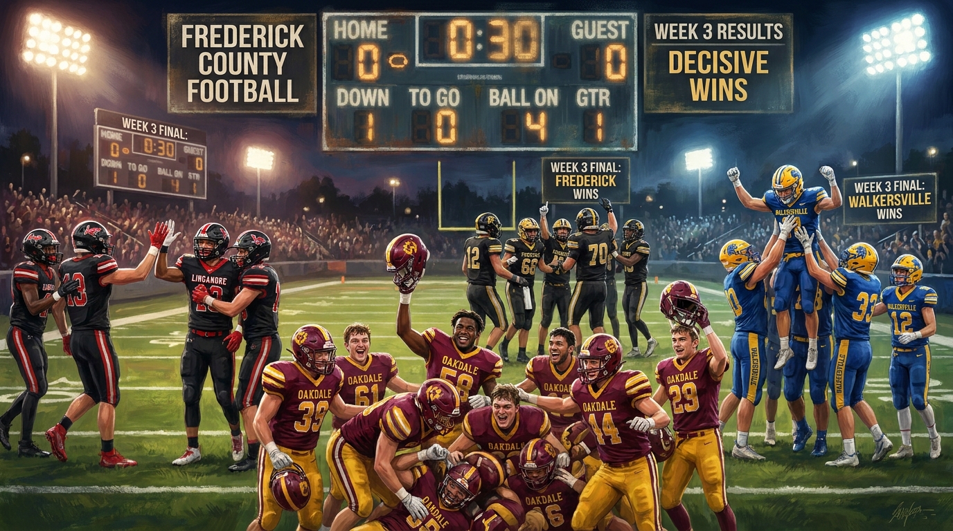 Painted sports artwork representing Week 3 high school football action across Frederick County under Friday night lights.