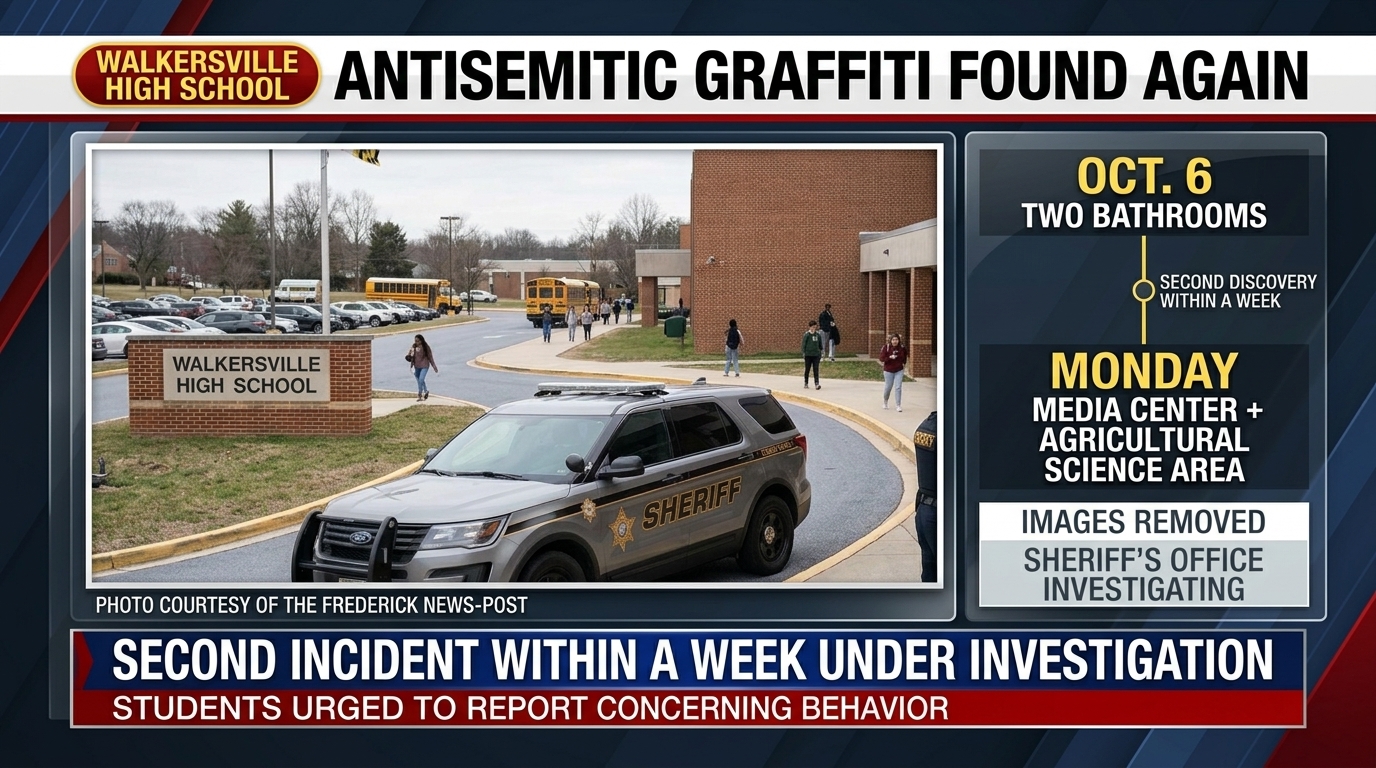 Photo illustration of a school hallway with a cleaned wall, representing reports of removed antisemitic graffiti.