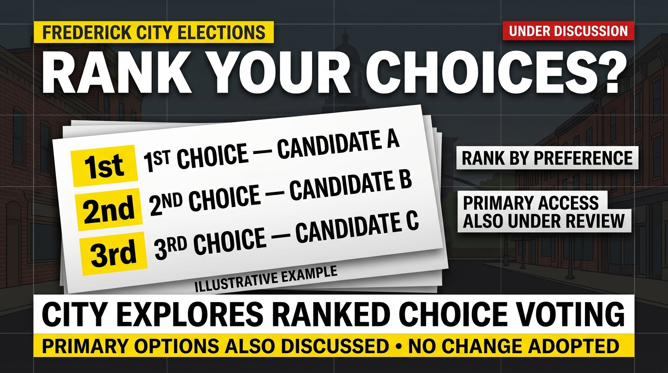 Illustrative sample ballot showing first, second and third choices, with text explaining that Frederick is exploring election changes.