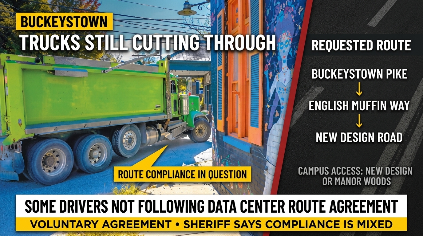 Painted illustration of a construction truck turning through a village intersection, with text noting Buckeystown’s voluntary routing agreement.