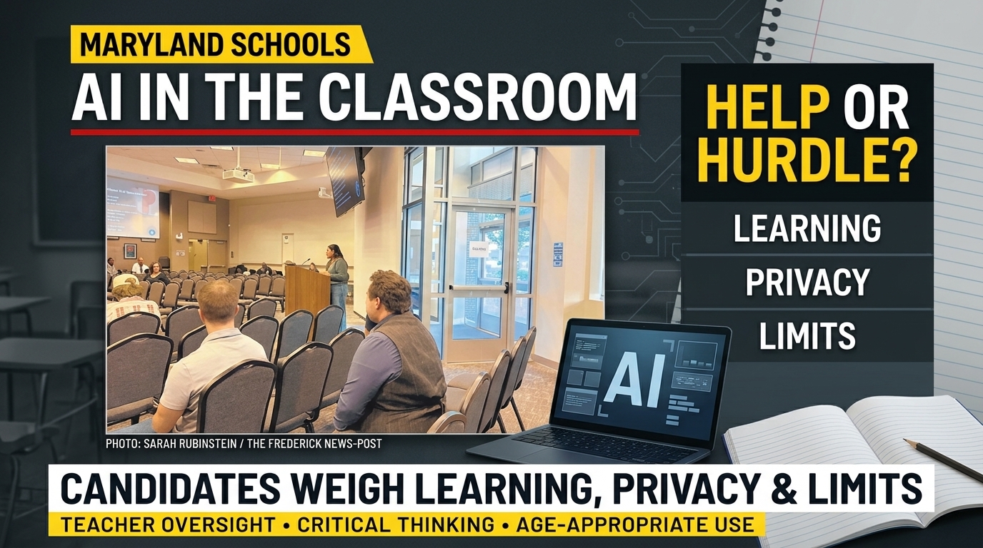 Painted editorial illustration of a student considering a notebook and laptop with a teacher nearby, under a headline about classroom AI.