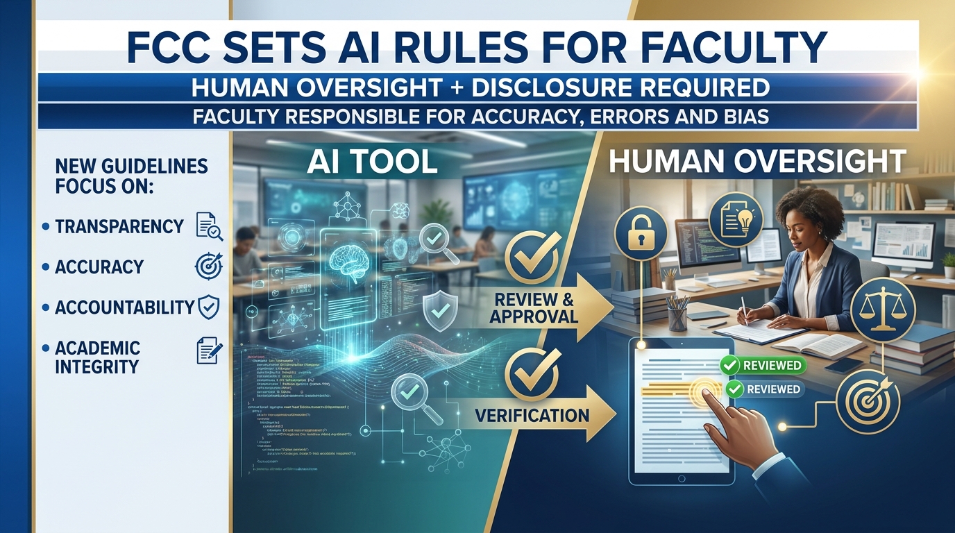 Editorial illustration of a laptop, notebook and books representing human review of AI-assisted college work.