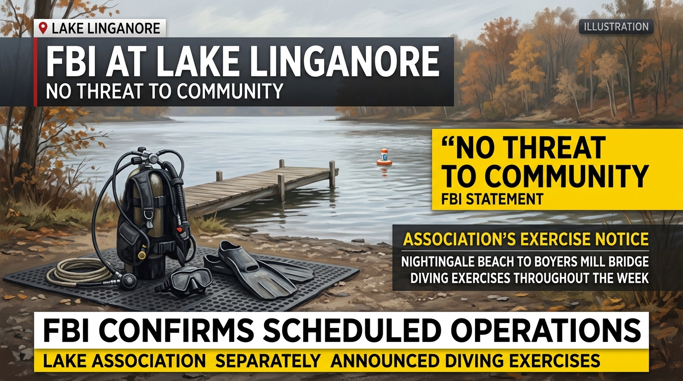 Editorial illustration of dive-training equipment beside an autumn lake, with text noting FBI activity and no community threat.
