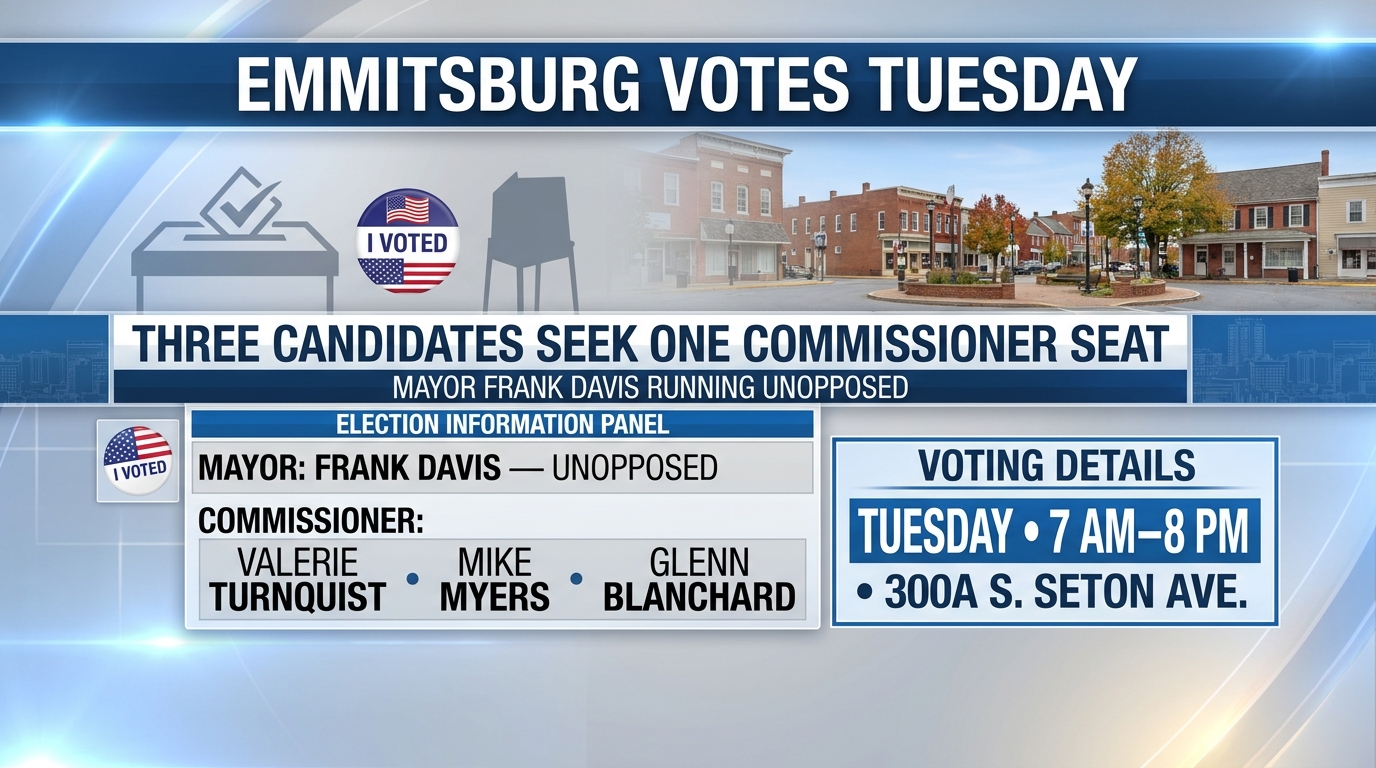 Editorial artwork of a plain ballot box in a community gym representing Emmitsburg’s municipal election.