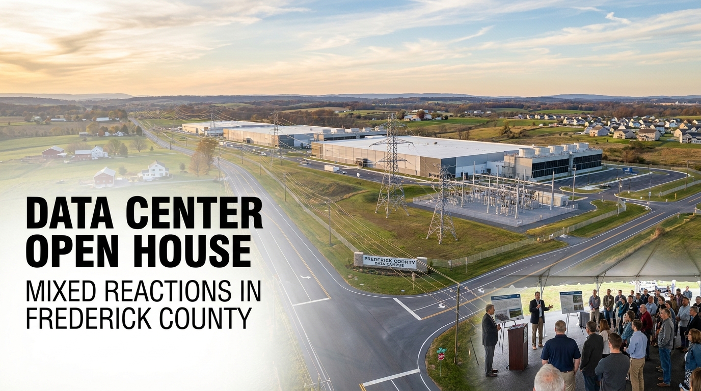 Editorial image representing data center development and community concerns in Frederick County, Maryland.