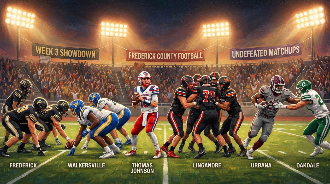 Painted sports artwork representing several major Frederick County high school football matchups under Friday night lights.