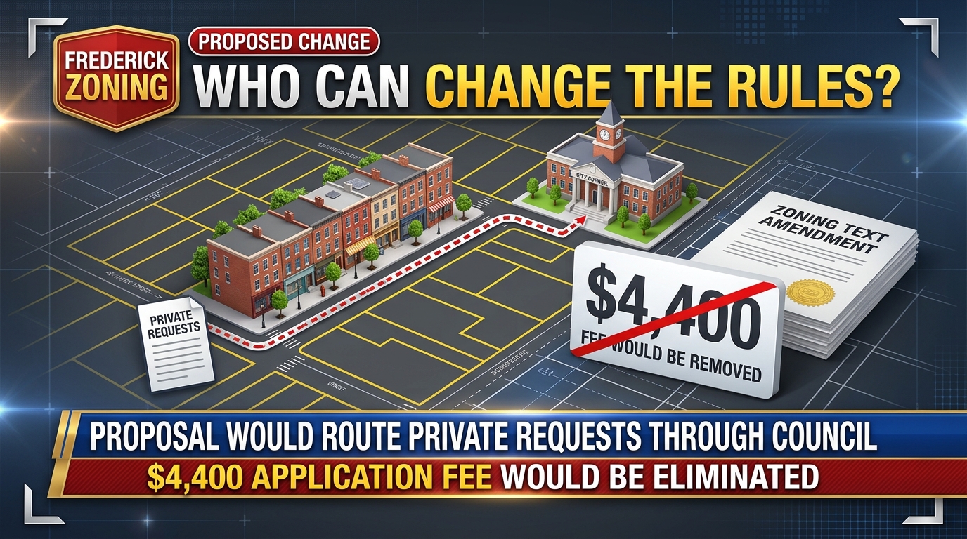Editorial illustration of a resident at a public-meeting microphone, with text asking who can change Frederick’s zoning rules.