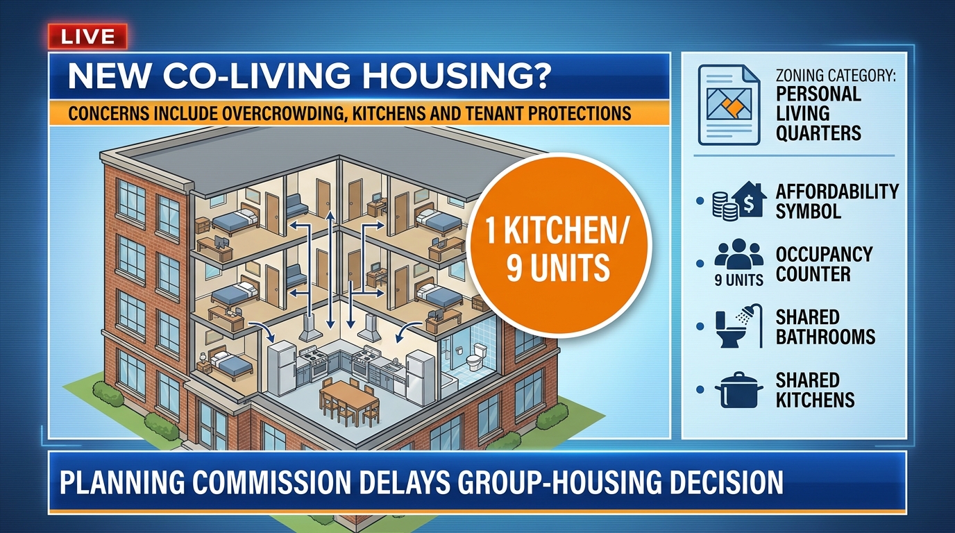 Editorial artwork showing private rooms connected to a shared kitchen in a conceptual co-living building.