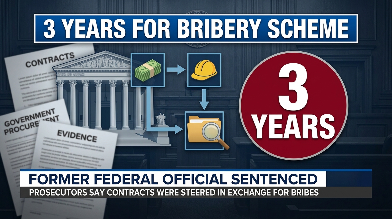 Editorial artwork showing federal contracting documents and a courthouse representing a bribery conspiracy case.