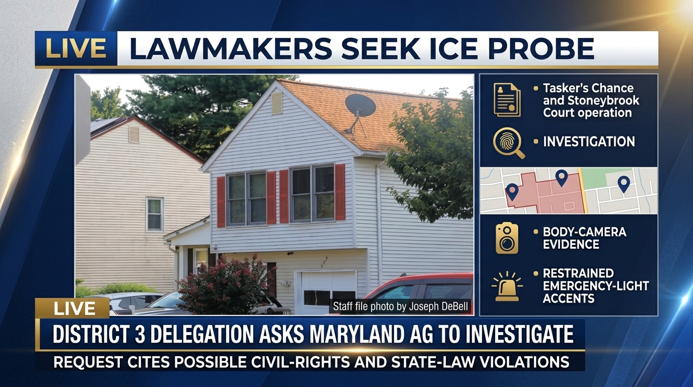 Editorial artwork showing legal documents and a Frederick neighborhood representing a request for investigation into a federal immigration operation.