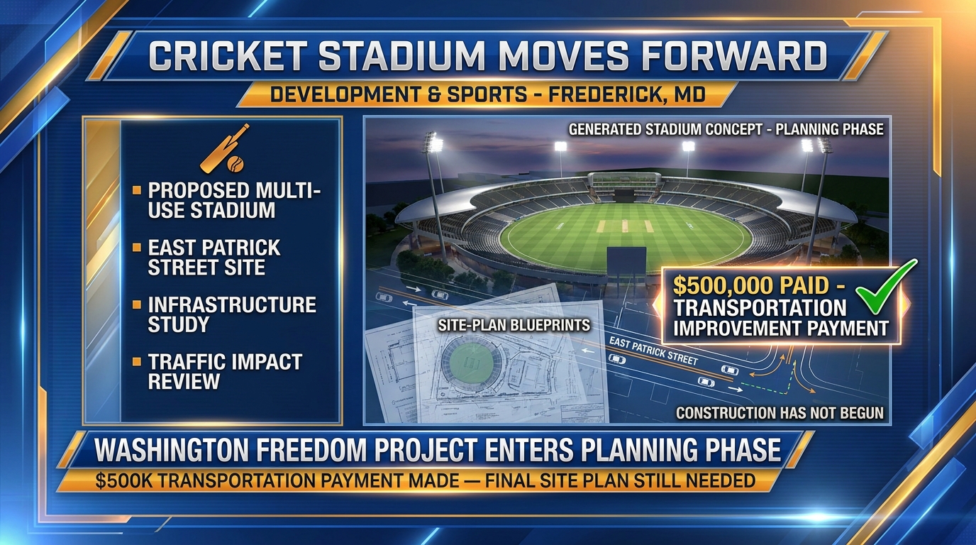 Editorial artwork depicting a proposed cricket stadium in Frederick with grading and site-planning documents.