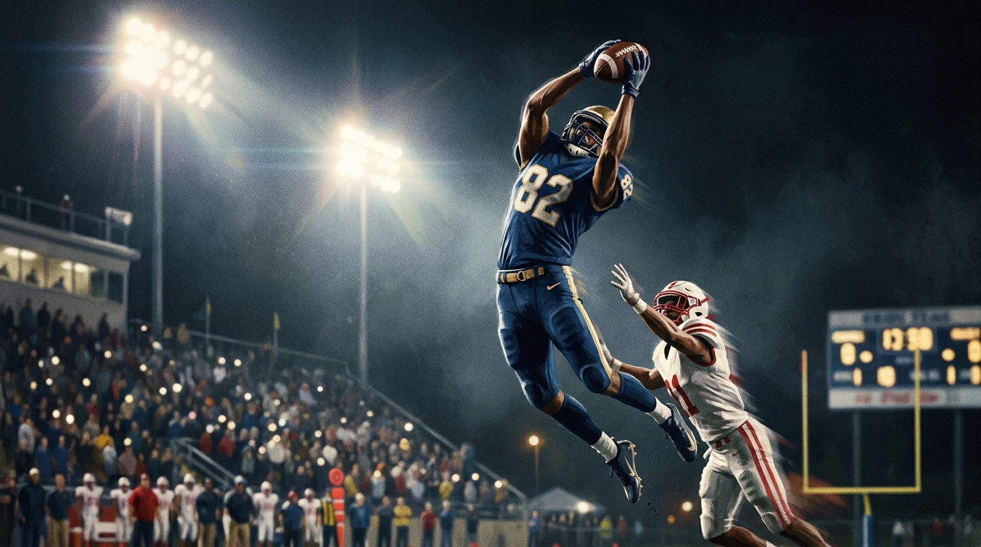 Editorial illustration of a high school receiver catching a deep pass, representing Frederick’s big-play win over Tuscarora.