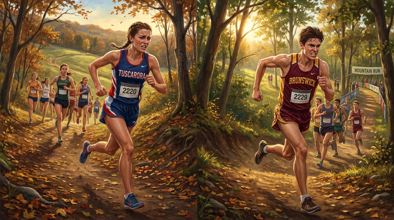 Painted sports artwork showing Tuscarora’s Siena Foster and Brunswick’s Griffen Adelman racing on the hilly Woodsboro cross-country course.