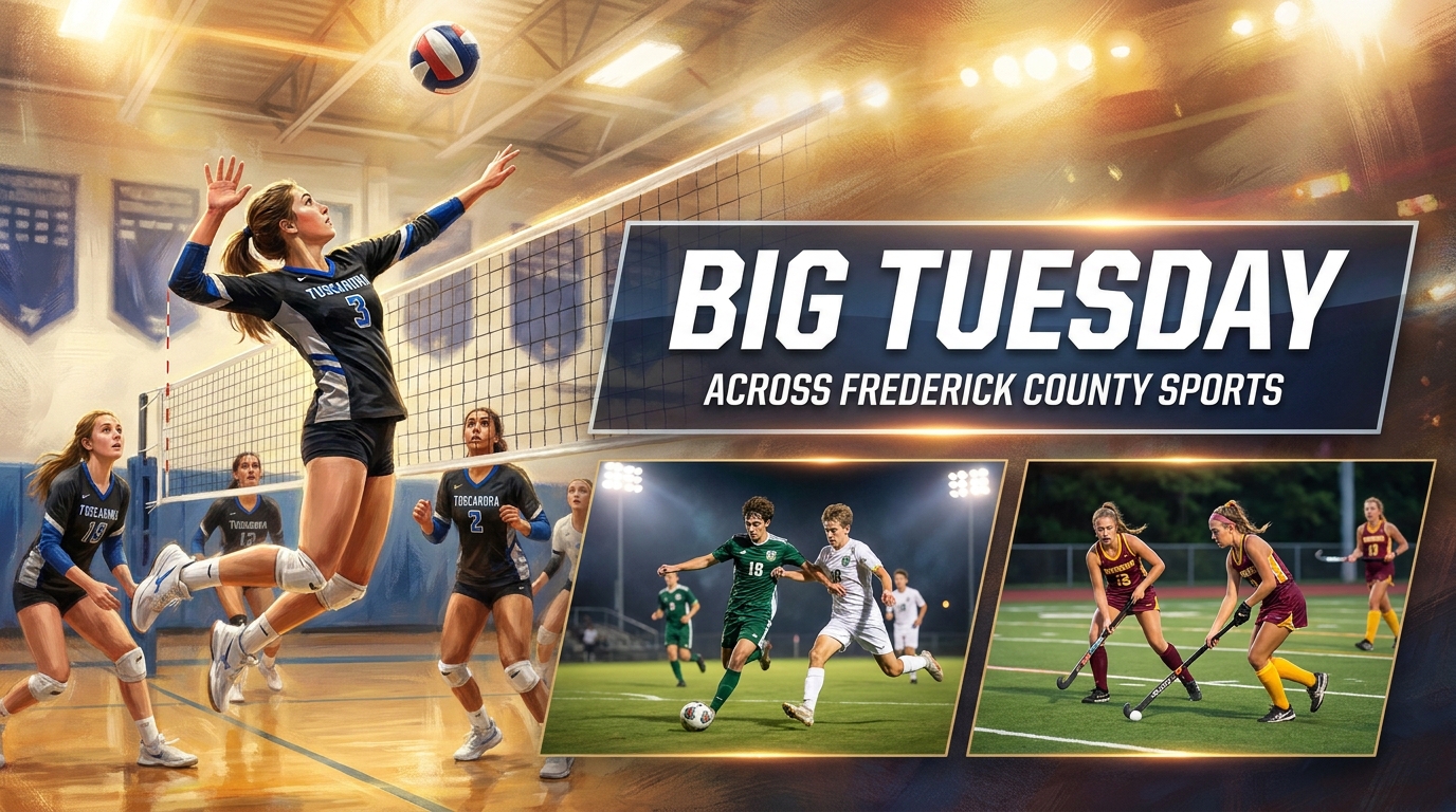 Painted multi-sport artwork representing a busy night of Frederick County volleyball, soccer and field hockey action.