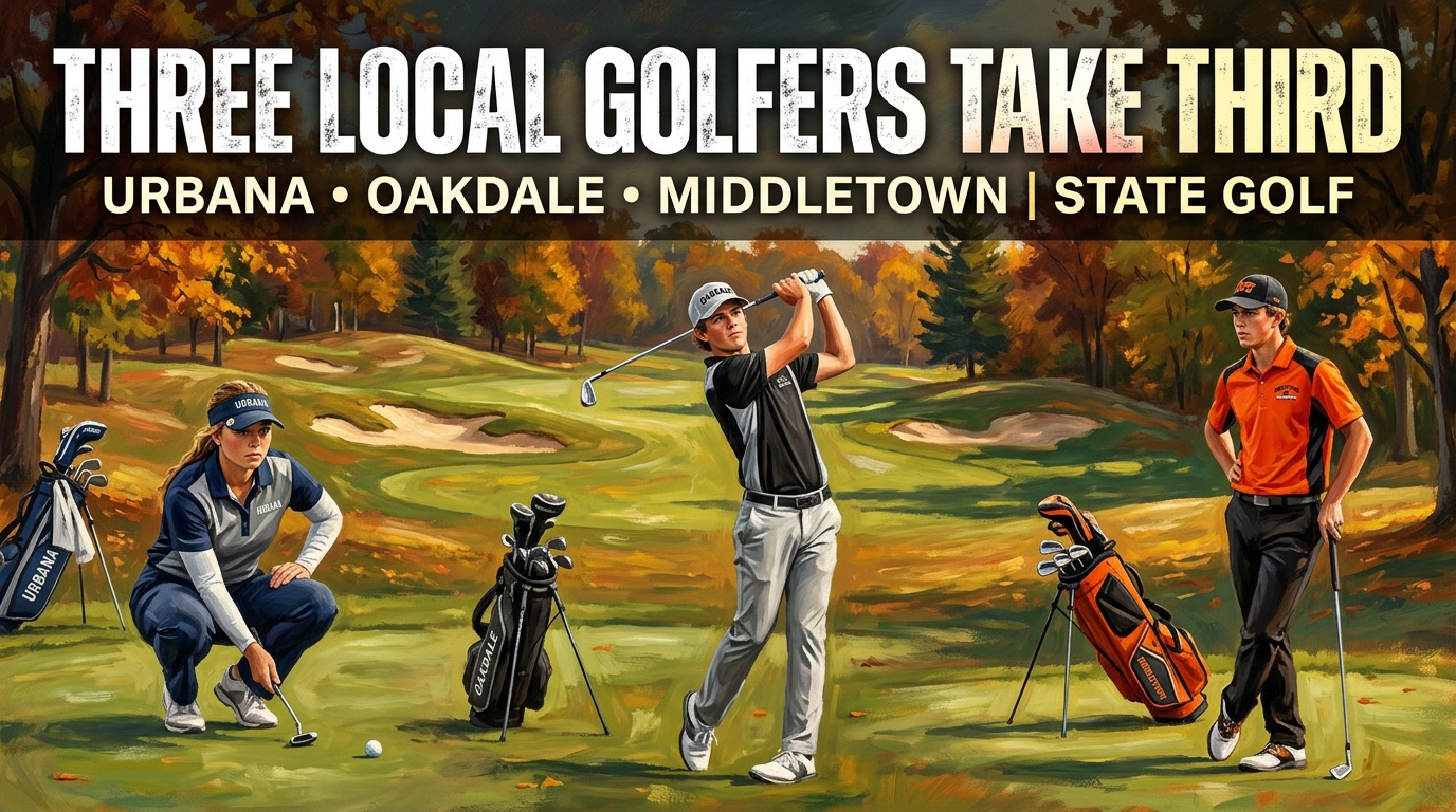 Painted montage of one Urbana girl golfer and boys representing Oakdale and Middletown, with a headline about three third-place state finishes.
