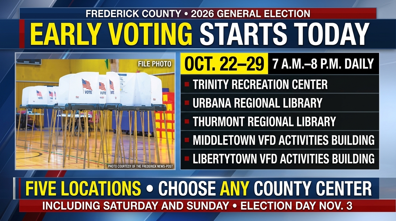 Nonpartisan editorial illustration of voters entering a community voting center, with Frederick County early-voting dates and hours.
