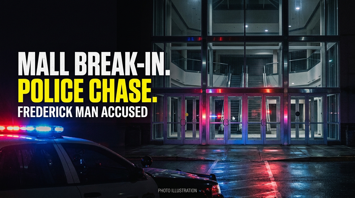 Photo illustration of a closed shopping mall entrance reflecting emergency lights.