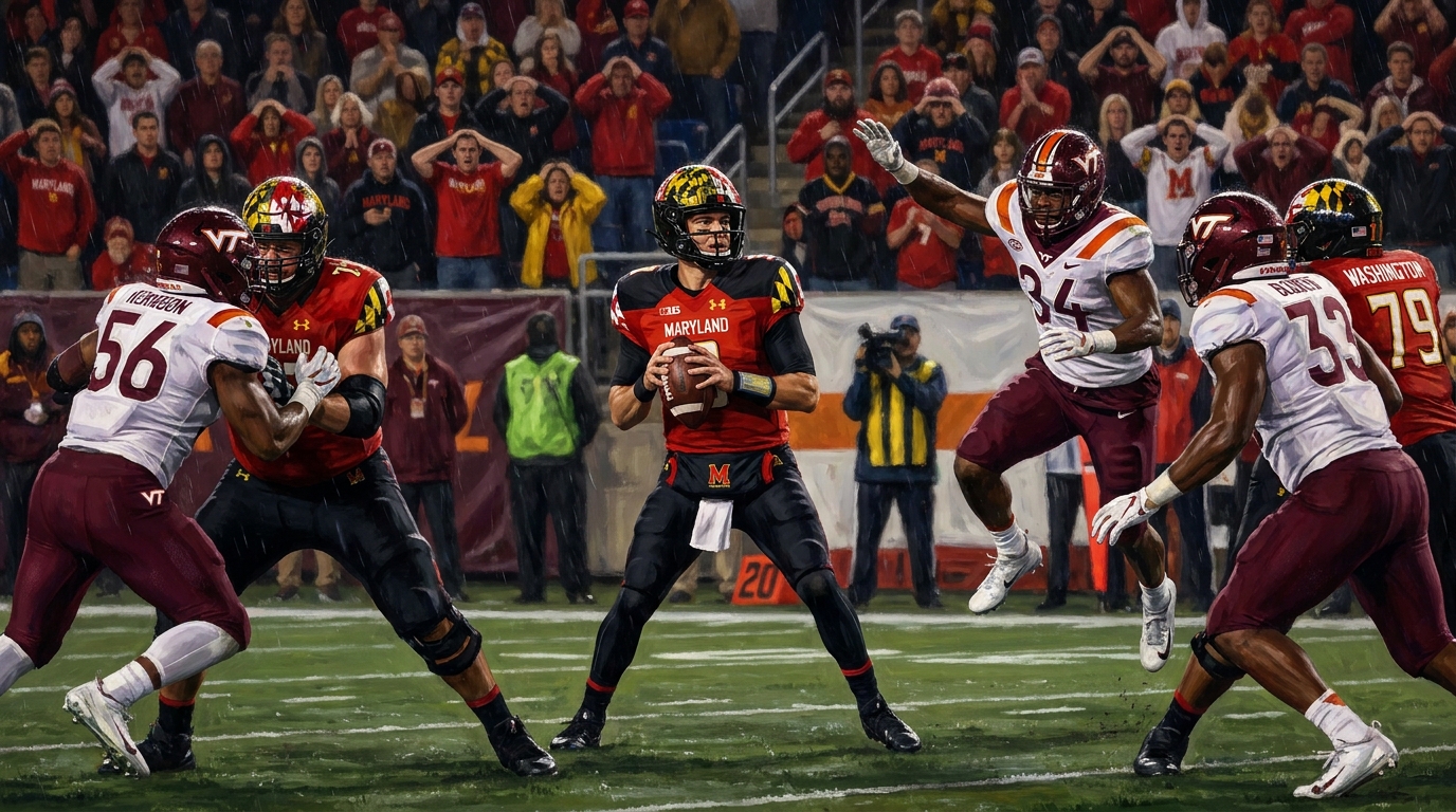Painted sports artwork showing Maryland’s quarterback under pressure during a difficult home loss to Virginia Tech.
