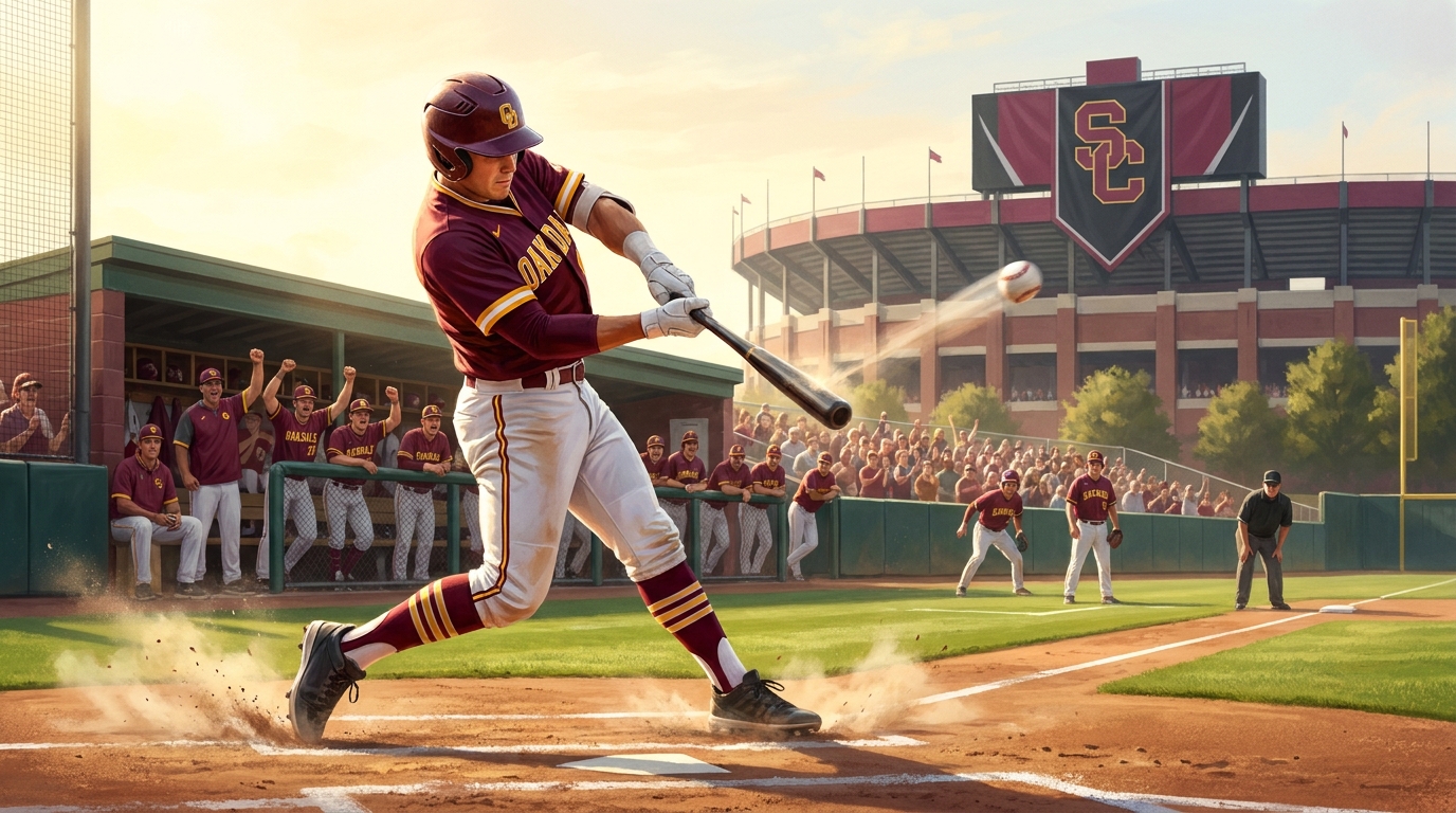 Painted sports artwork showing Oakdale baseball standout Cooper DeWaal driving the ball as he prepares for a future college career at South Carolina.