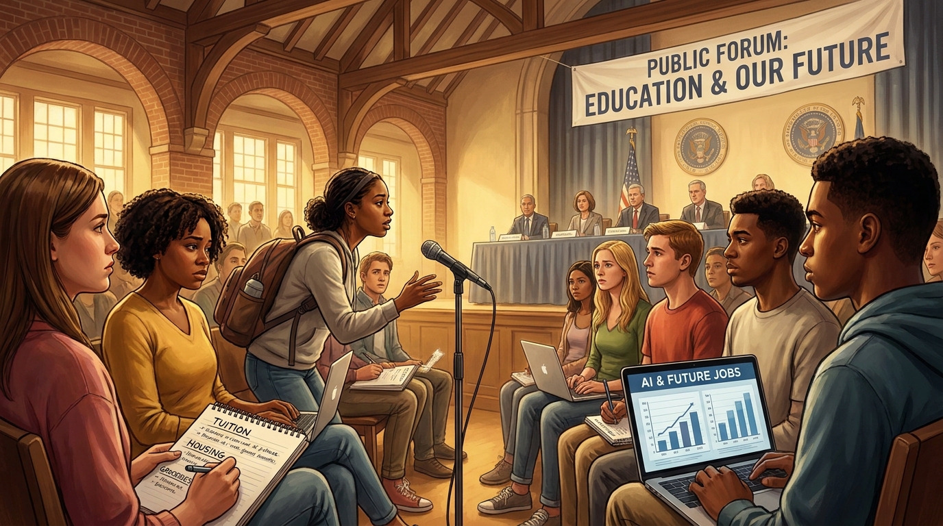Editorial artwork showing Hood College students participating in a public forum about living costs, education and artificial intelligence.