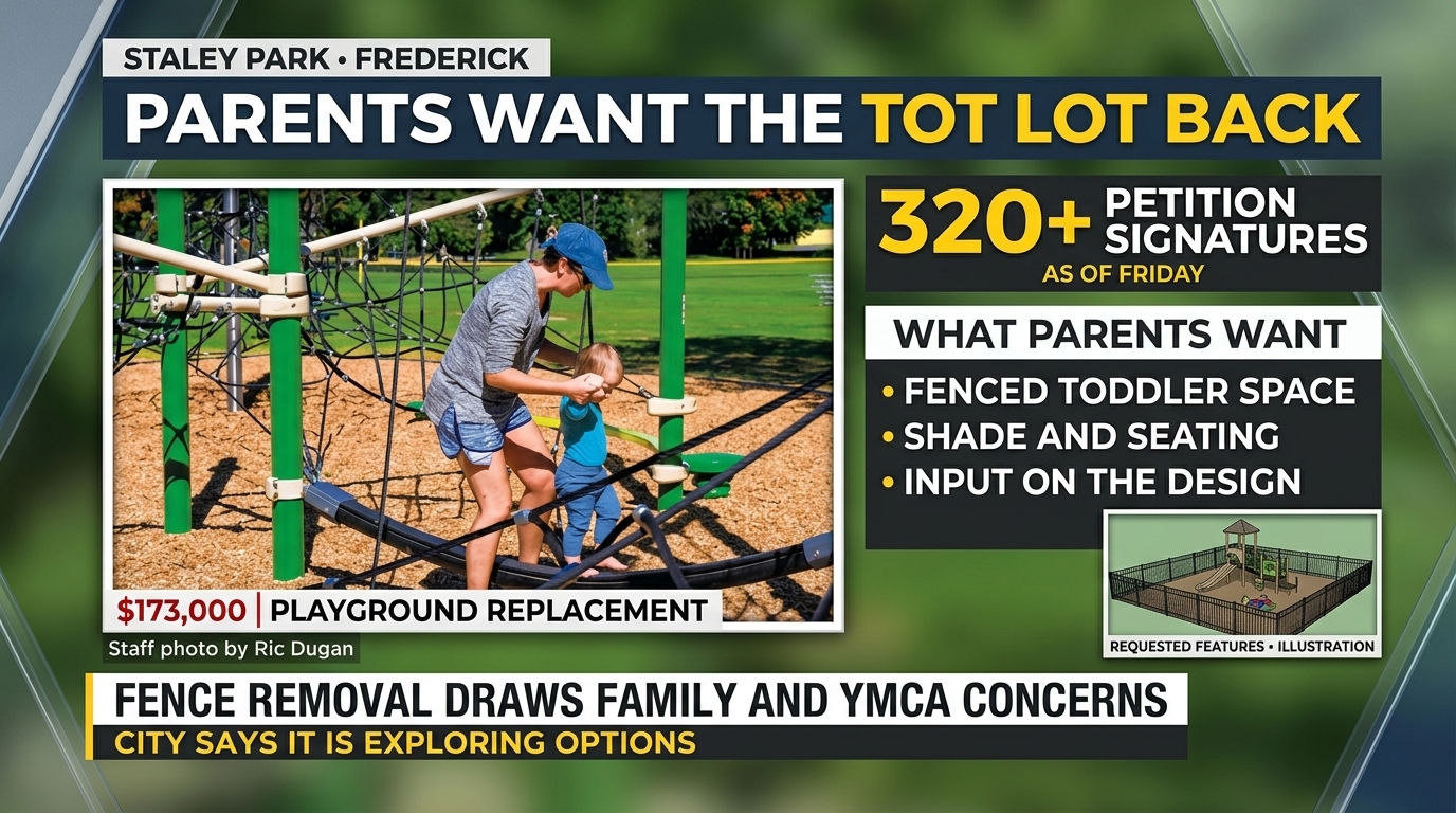 Symbolic editorial illustration of playground equipment beside open grass representing the debate over Staley Park’s former fenced tot lot.