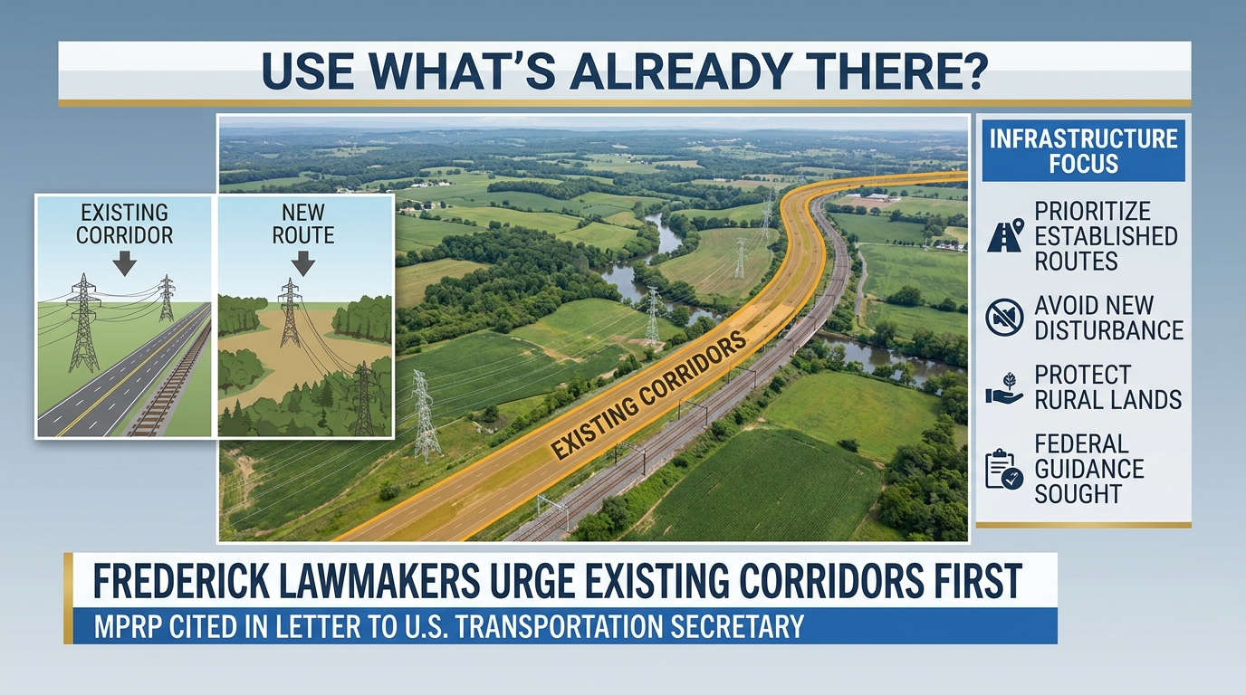 Editorial artwork contrasting existing transportation and utility corridors with Frederick County farmland and open space.