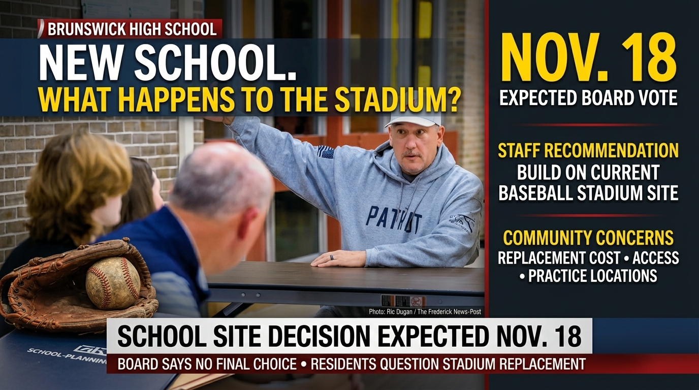 Conceptual illustration of a baseball diamond and a school outline representing Brunswick’s replacement-site debate.