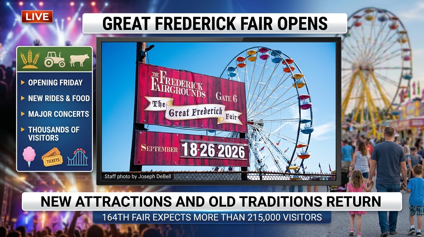 Editorial artwork showing the Great Frederick Fair with agricultural exhibits, a Ferris wheel and families on the midway.