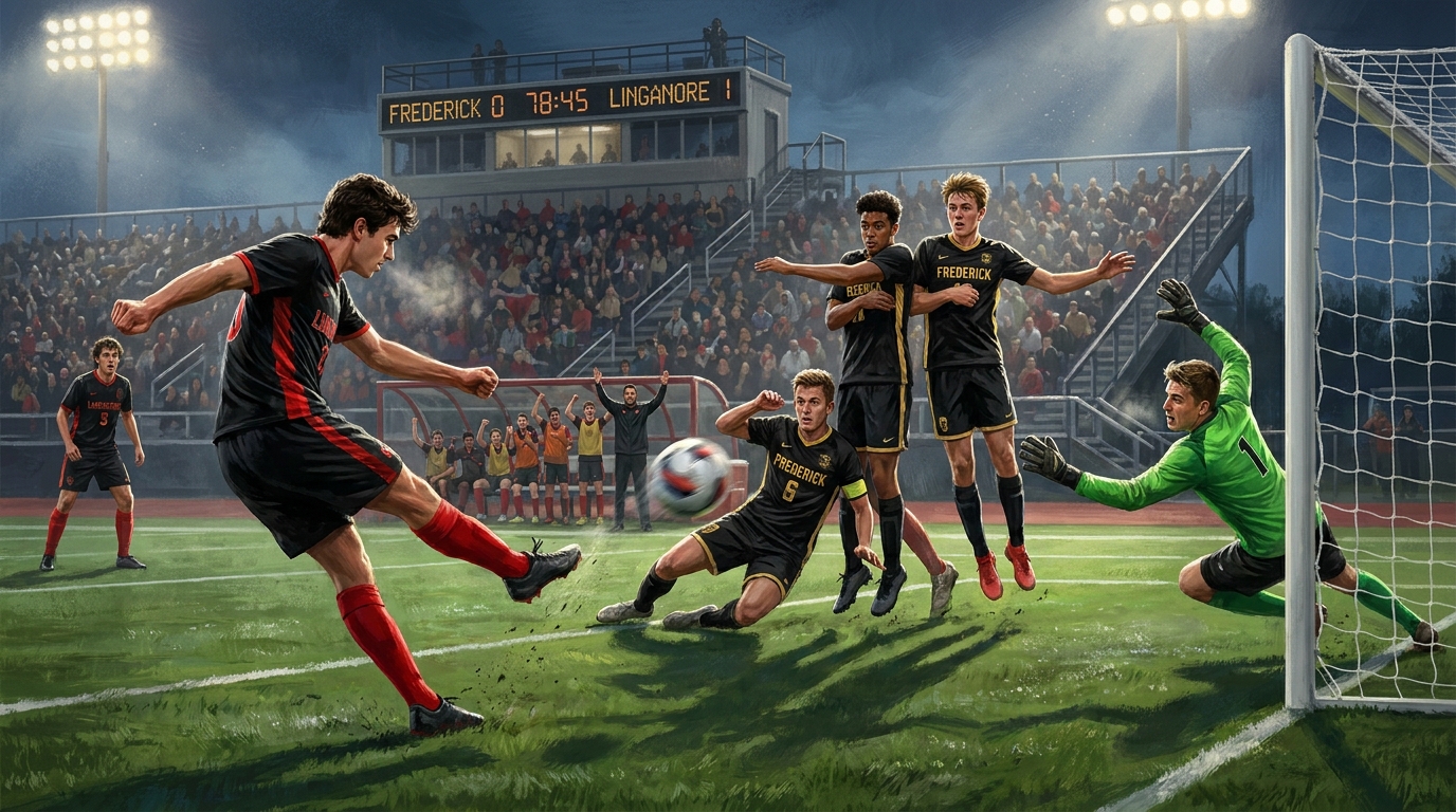 Painted sports artwork showing a Linganore player striking a free kick through Frederick’s defensive wall.
