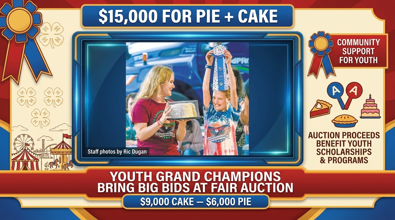 Editorial artwork showing a youth cake and pie auction at The Great Frederick Fair with bidders and young exhibitors.