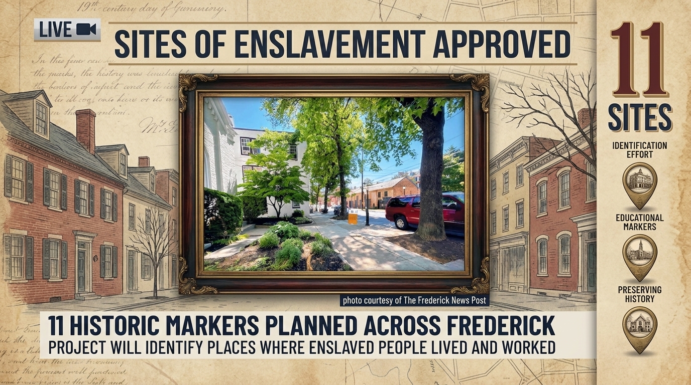 Editorial artwork showing a historical marker in downtown Frederick representing the city’s Sites of Enslavement project.