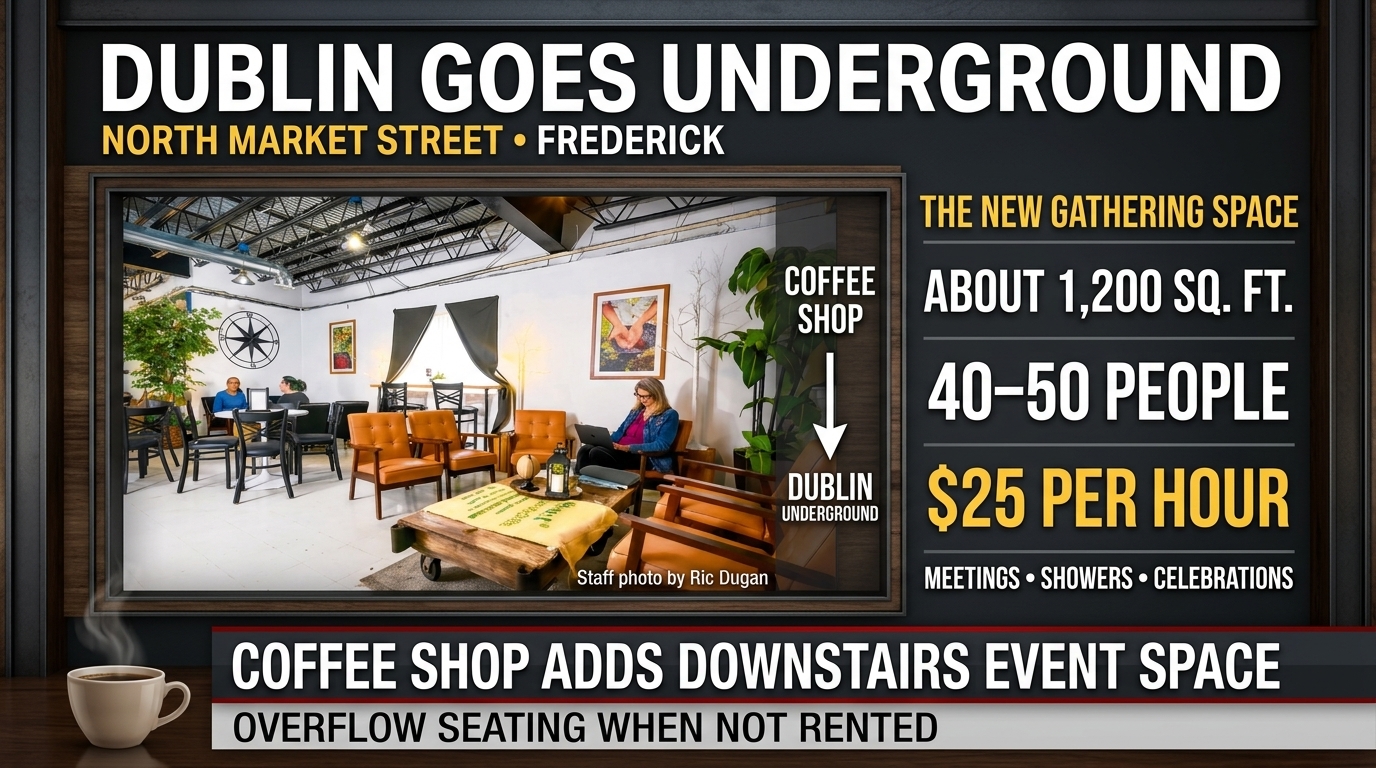 Symbolic editorial illustration of a cozy coffeehouse event room representing Dublin Underground.
