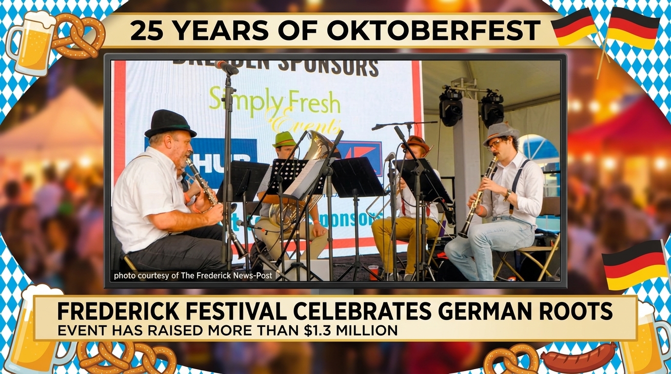 Editorial illustration of German festival food and a beer stein beneath blue-and-white Oktoberfest decorations.