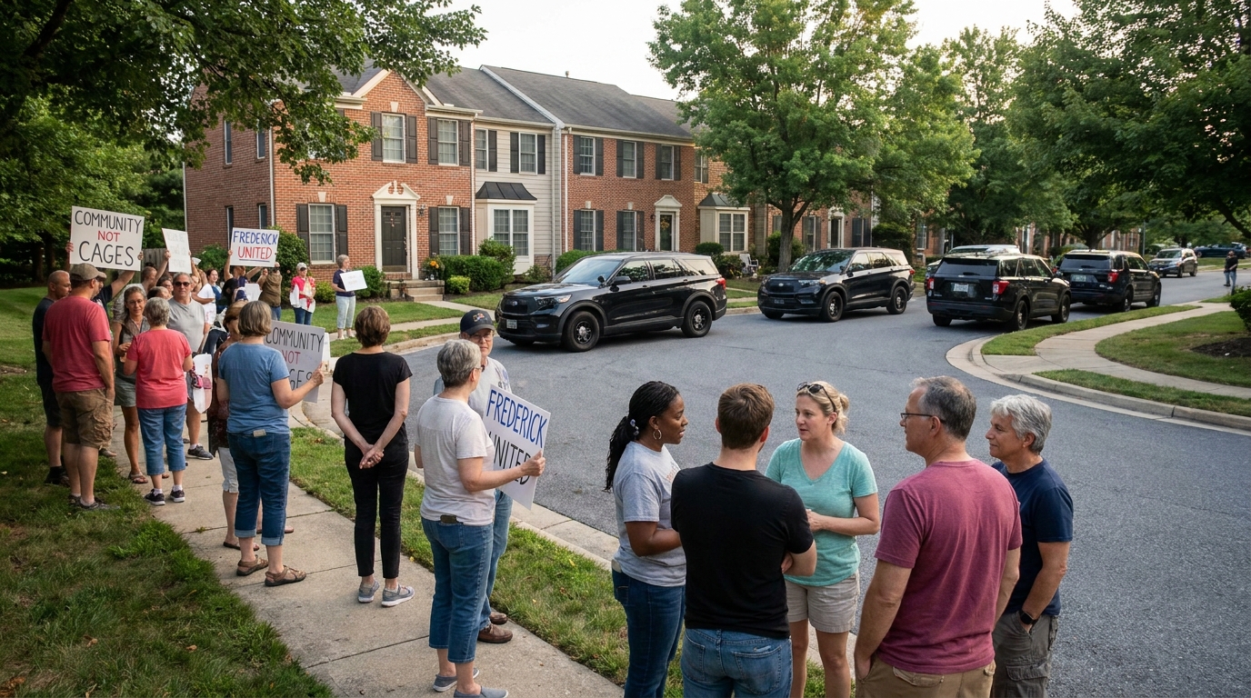 Community observers gather near law-enforcement vehicles in a Frederick neighborhood during immigration enforcement activity.