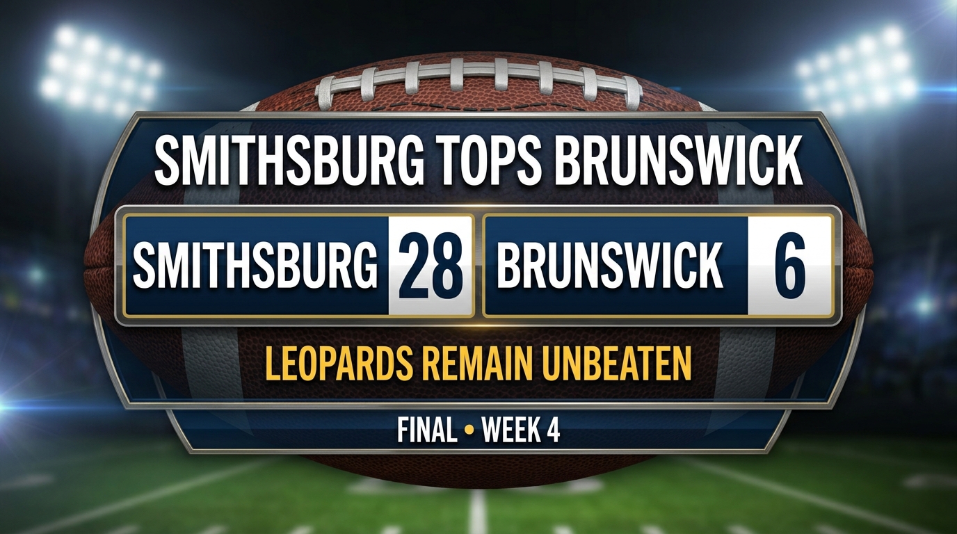 Painted illustration of a football beside a sideline under high school stadium lights, accompanying coverage of Brunswick / Smithsburg football.