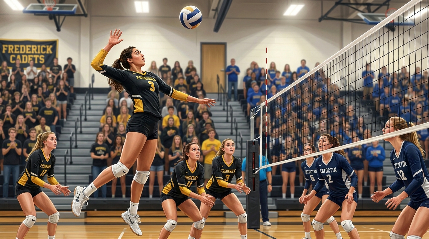 Painted sports artwork showing a Frederick volleyball player in black and gold delivering a powerful serve during a home match.