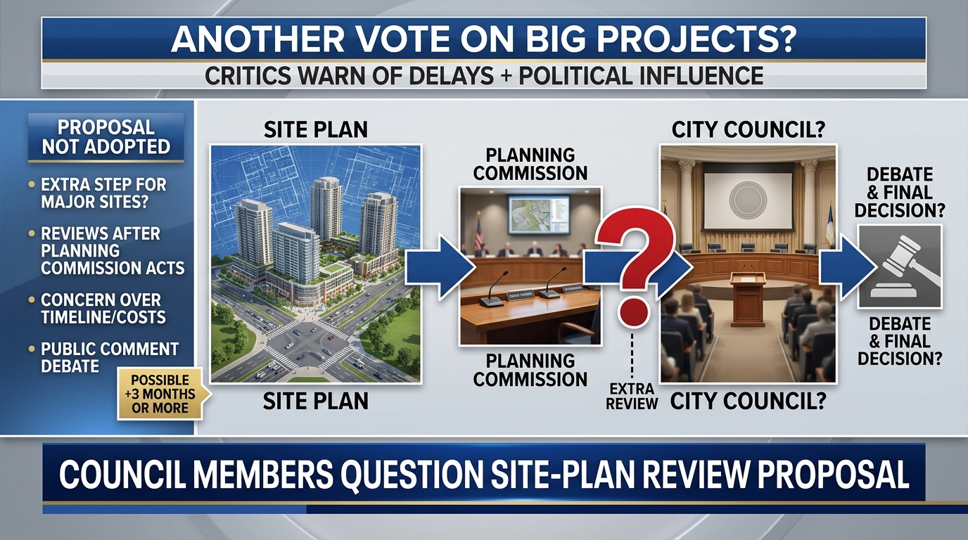 Editorial artwork of planning materials and meeting chairs representing Frederick’s debate over major site-plan review.