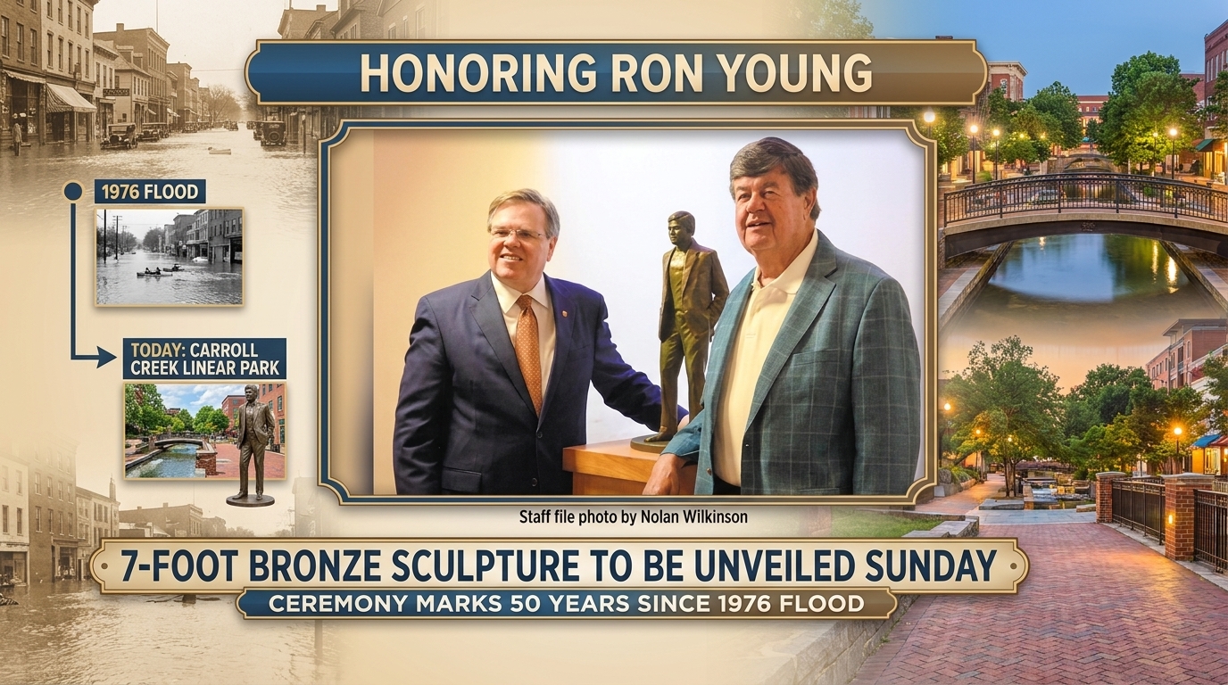 Symbolic editorial illustration of an autumn creekside promenade and covered sculpture representing the Ron Young unveiling.