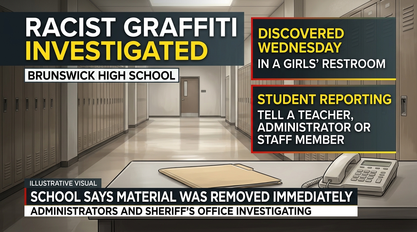 Illustration of a generic school hallway and restroom entrance representing the graffiti investigation.
