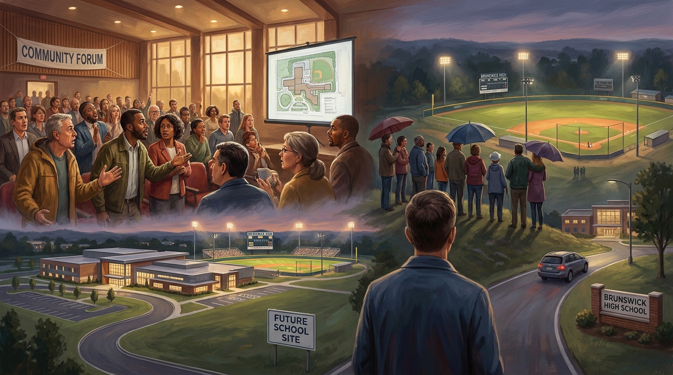 Editorial artwork showing a Brunswick school campus, baseball field and community meeting over the proposed replacement high school.