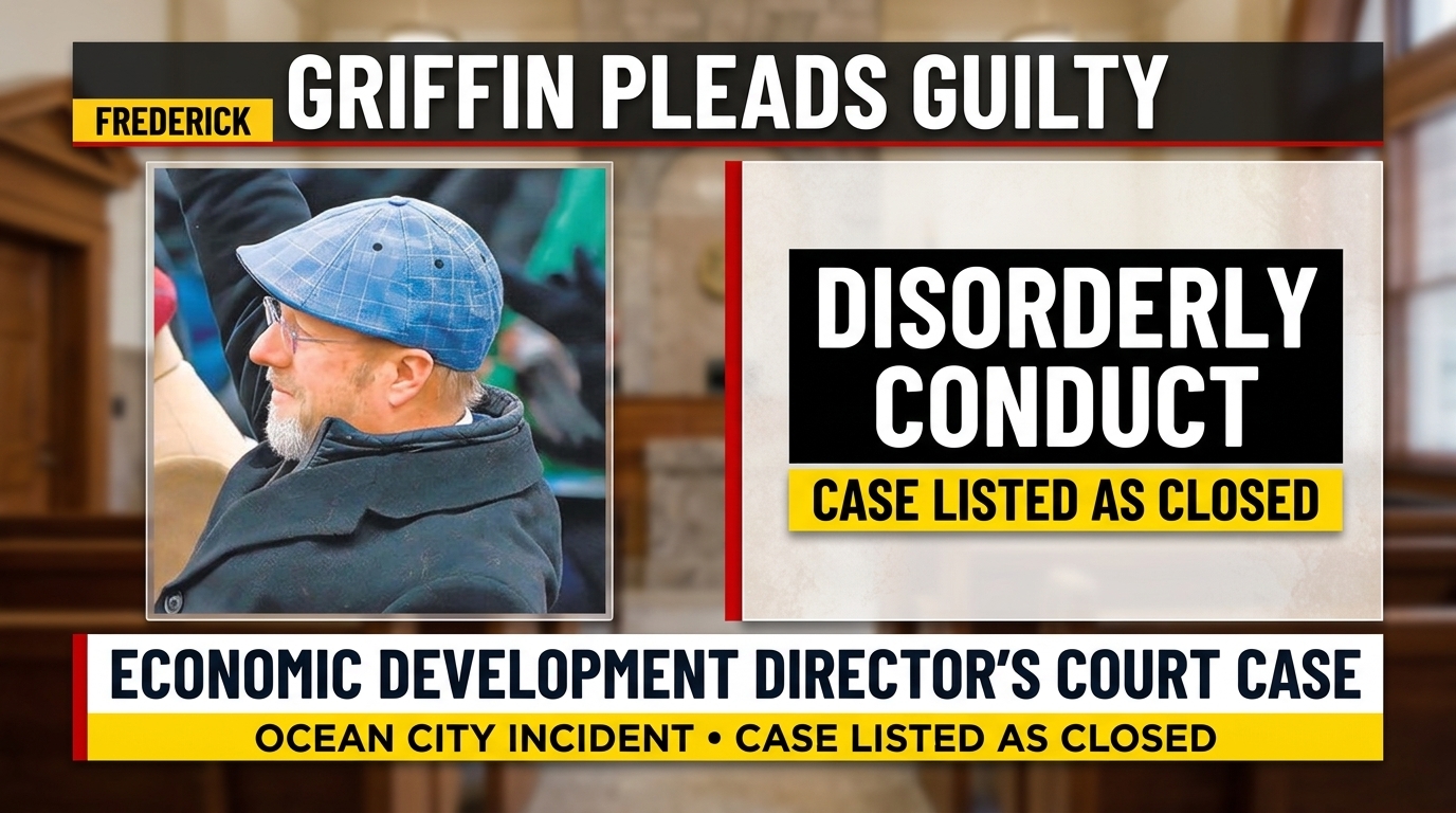 Editorial illustration of an empty courtroom with a headline identifying the city director’s disorderly-conduct plea.
