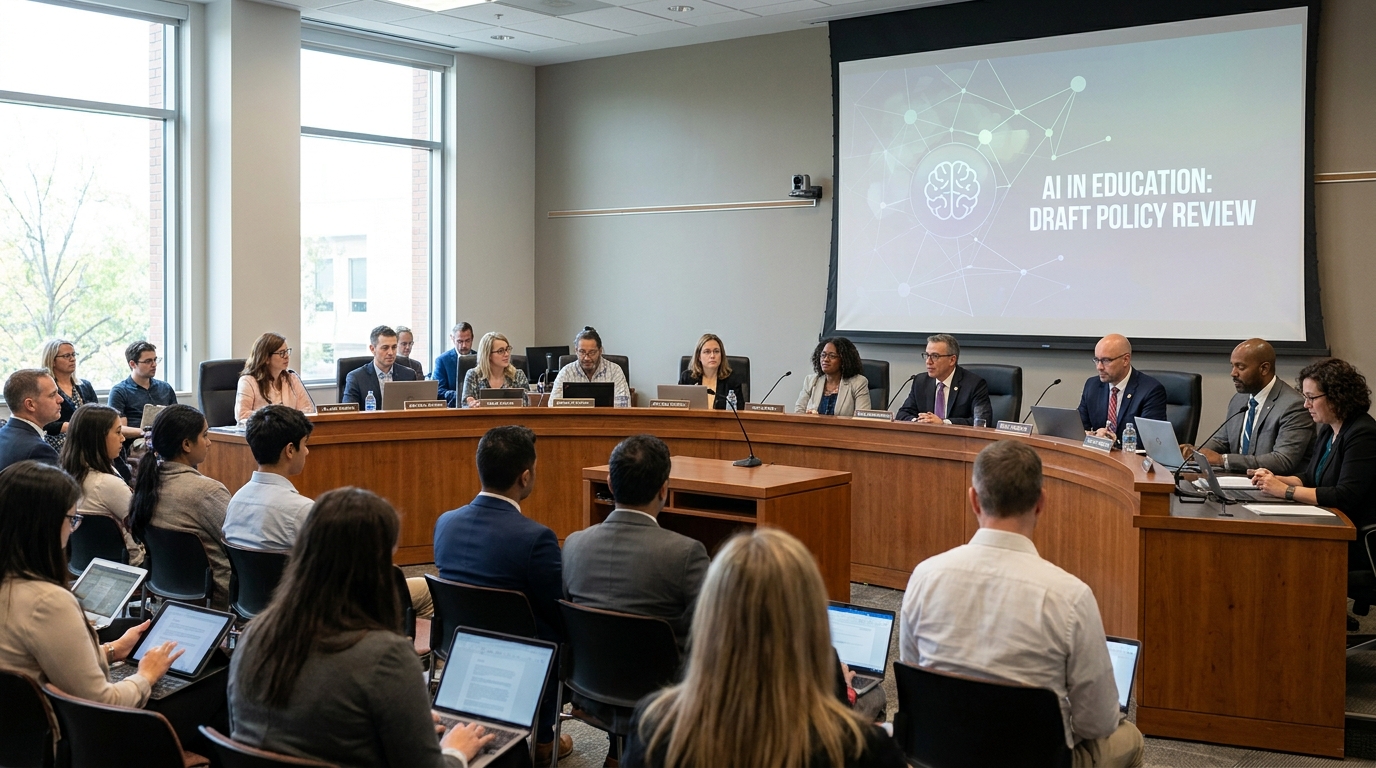 A school board meeting discussing artificial intelligence policy and technology use in education.