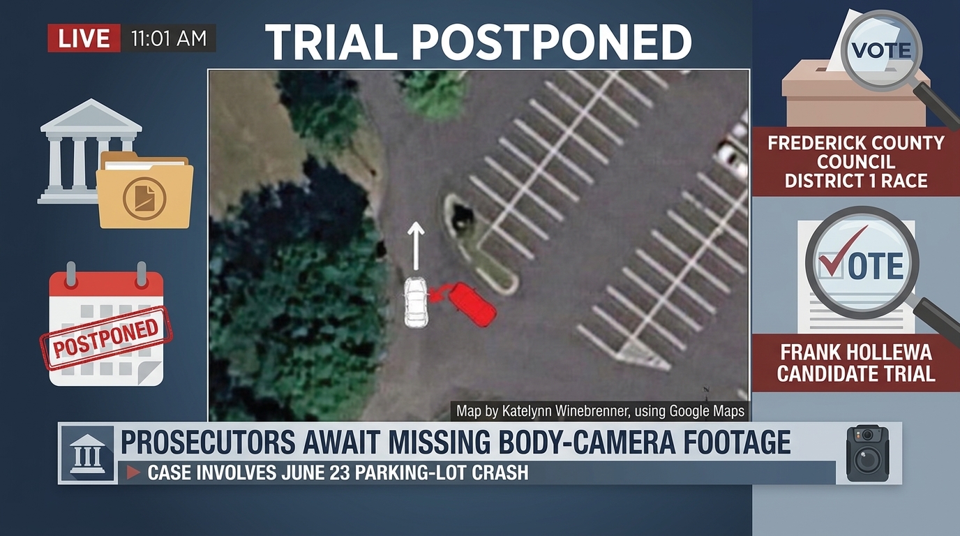 Editorial artwork showing body-camera evidence and court files representing a postponed Frederick County crash case.